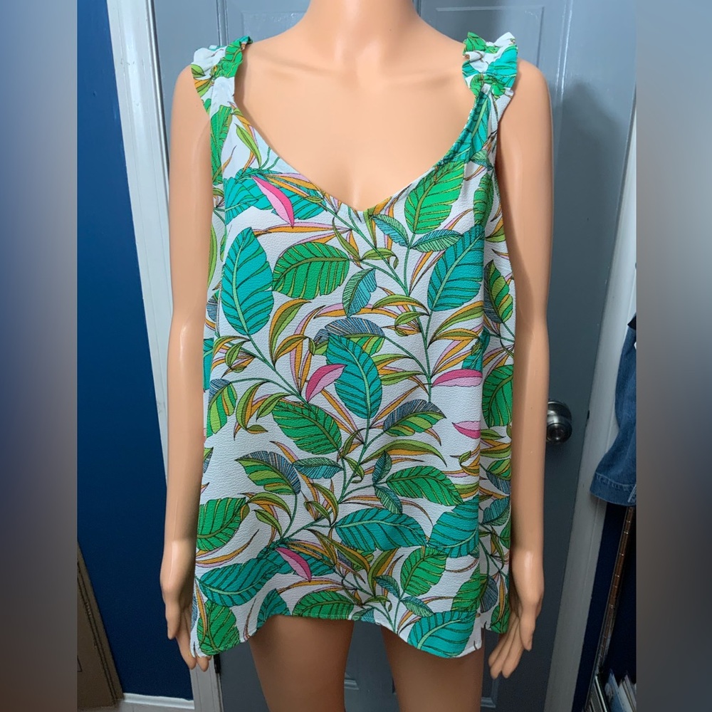 Rose & Olive Green and Pink Leaf Print Tank Top